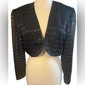 Vintage J.R.Nites Black Tailored Open Crop Bolero square pattern detail Size 16